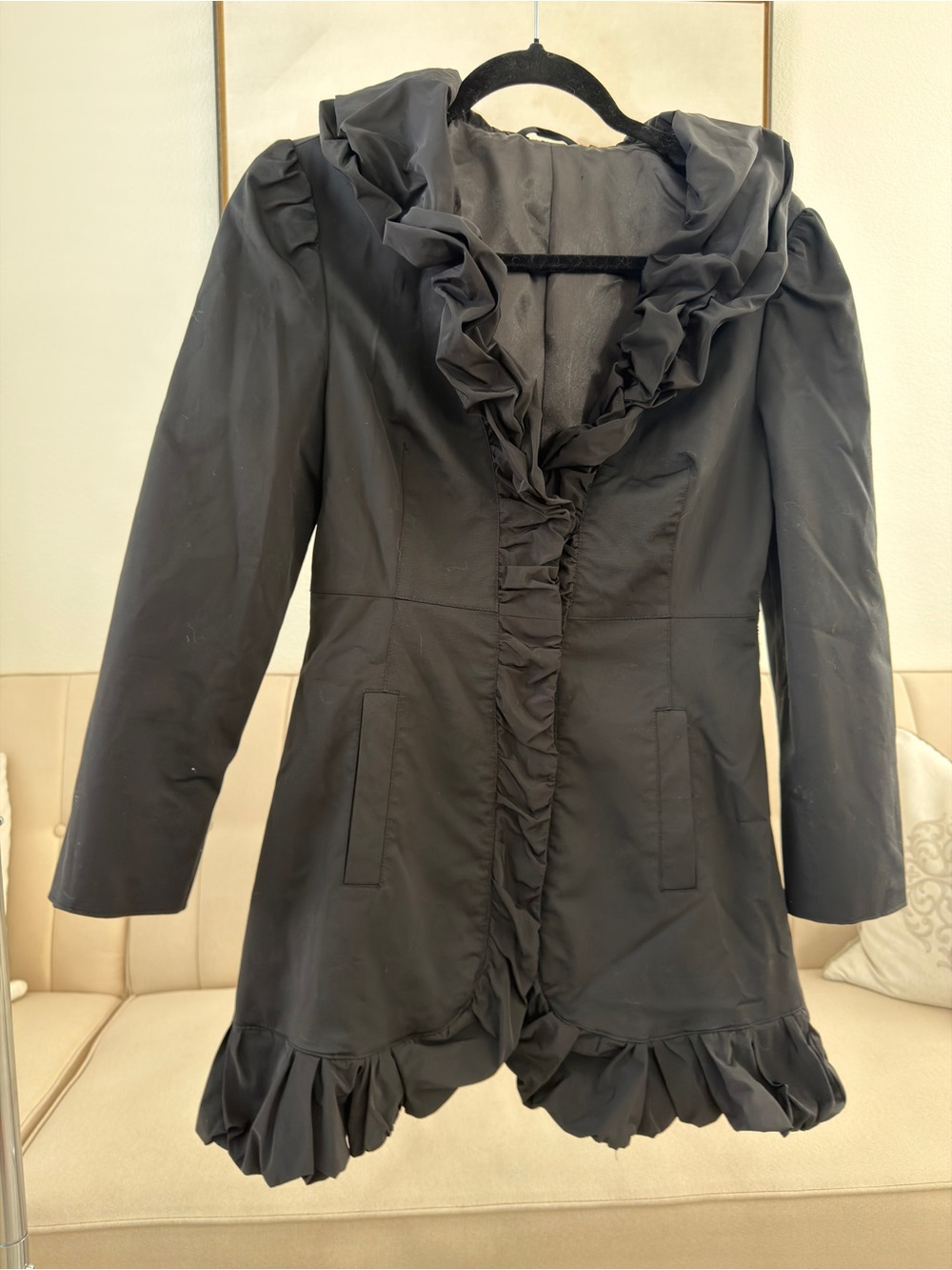 bebe Black Ruffle-Trim Pea Coat